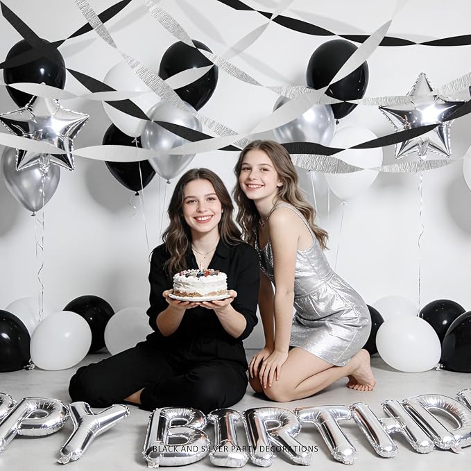 Black Silver White Crepe Paper Streamers - 6 Rolls Party Streamer Decorations for Graduation 2026, New Year's Eve, Birthday, Wedding, Retirement Party Supplies - Silver & Black Hanging Backdrop Decor