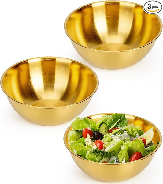 3-Piece Stainless Steel Golden Mixing Bowls (8.26") Metal Bowl with Measurement Marks, Dishwasher Safe & Stackable - Perfect for Baking, Salad Making, Meal Prep