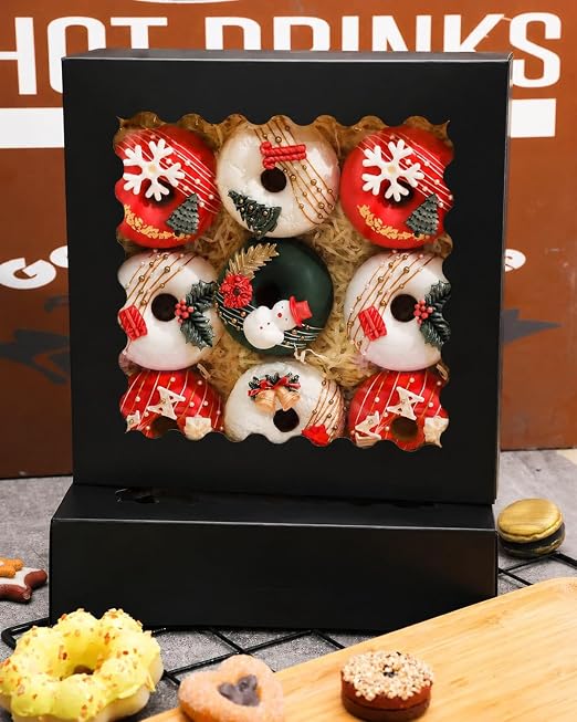 qiqee 10"x 10"x 2.5" Black Pie Boxes with Window 50Packs Cookie Donut Bakery Box (Auto-pop Up)