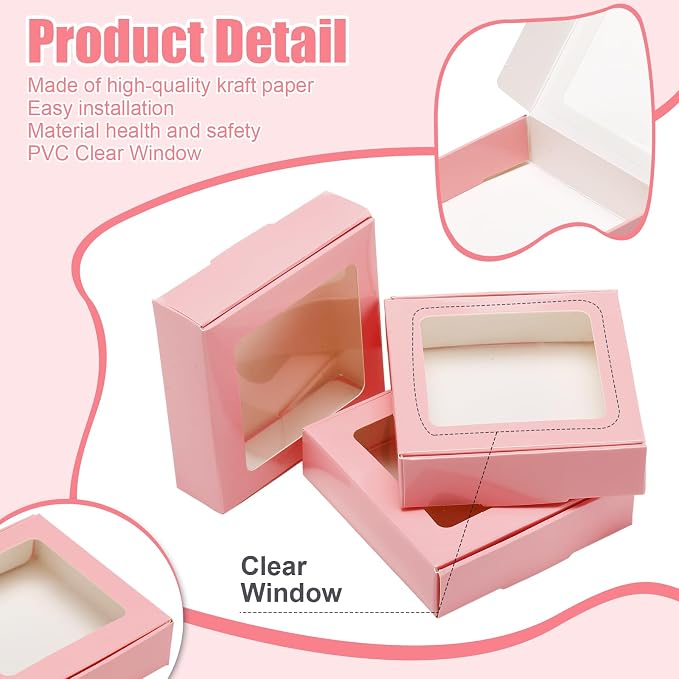 Zonon 30 Pcs Kraft Paper Boxes with Window 4.13 x 4.13 x 1.18 Inch Candy Packaging, Small Gift Boxes, Soap holder, Mini Treat Packaging for Bakery Chocolate Jewelry Display (Pink)