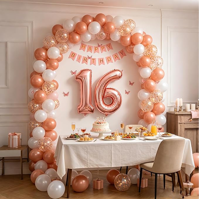 16th Birthday Decorations For Girls- Rose Gold Pearl White Balloons, 32 Inch Rose Gold "16" Balloon, 3D Butterflies Stickers, Happy Birthday Banner For Girl Sweet Sixteen Party Decorations