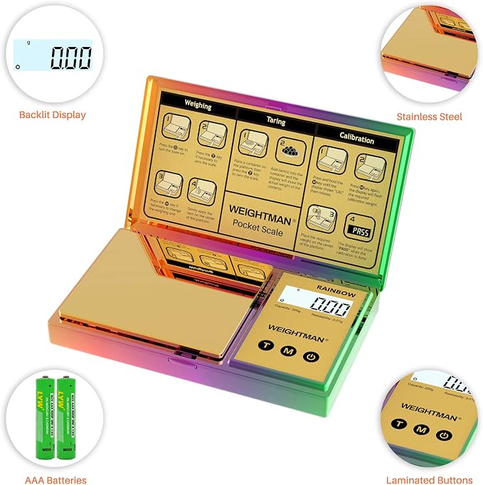 WEIGHTMAN Shiny Digital Gram Scale 200g x 0.01g, Chrome Rainbow Mini Scale | Food Scale for Ounces and Grams, Iridescent Pocket Scale, Jewelry Scale for Gold Coins, Gems, Powder, Backlit LCD, 6 Units