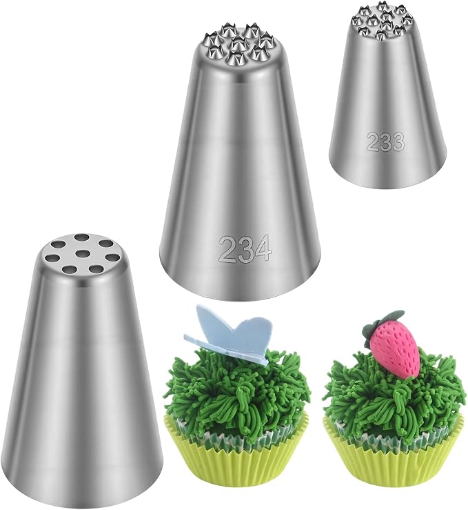 Grass Piping Tip, 3 PCS Stainless Steel Grass Tip for Cake Decorating with Multi-opening Design (No. 233/234/235)