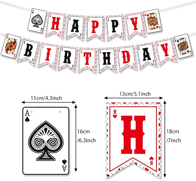 Zwiebeco Casino Theme Happy Birthday Banner Colorful Poker Sign Hanging Paper Party Decorations for Men Women Playing Cards Game Themed Accessories Supplies