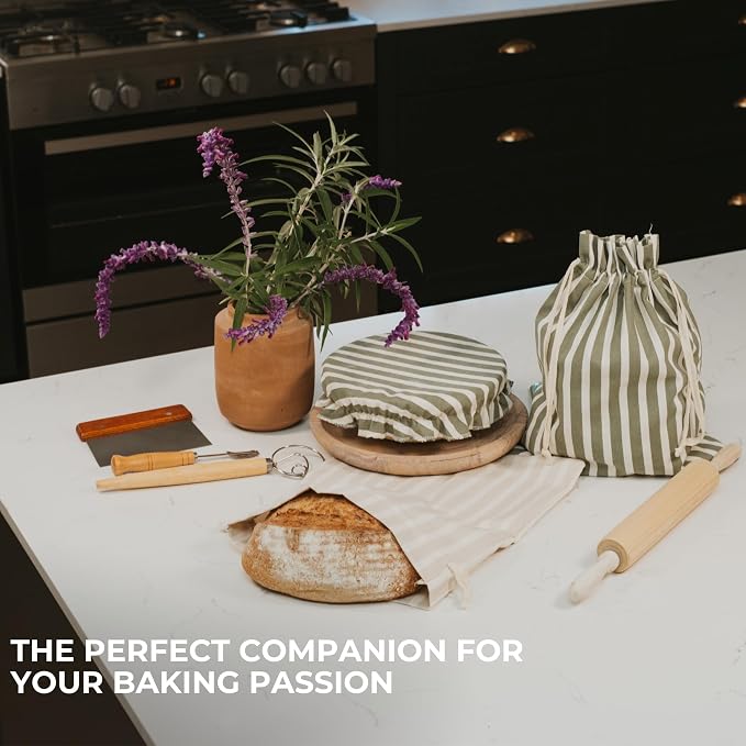 KIBAGA Beautiful Linen Bread Bag Set and Proofing Cover For Homemade Sourdough Bread - Keeps Your Loaf Fresh for Days - Reusable and Easy to Clean Storage Bag, The Perfect Baking Accessories