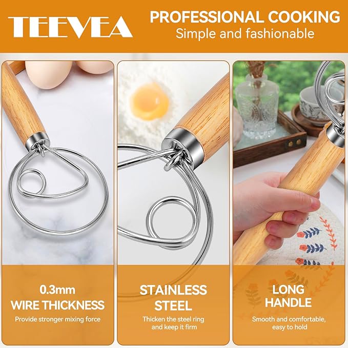 TEEVEA Danish Dough Whisk 13 Inch | Material: food grade stainless steel wooden handle; Use: mix sourdough bread dough; Feature: rust proof; Scene: home baking