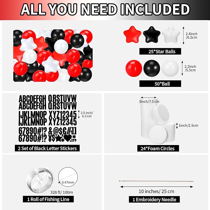 Simgoing 103 Pcs DIY Giant Friendship Bracelet Lei Kit Extra Large Beads Garland Jumbo Birthday Friendship Banner Kit Famous Singer Customizable Party Decor for Classroom(Red White Black)