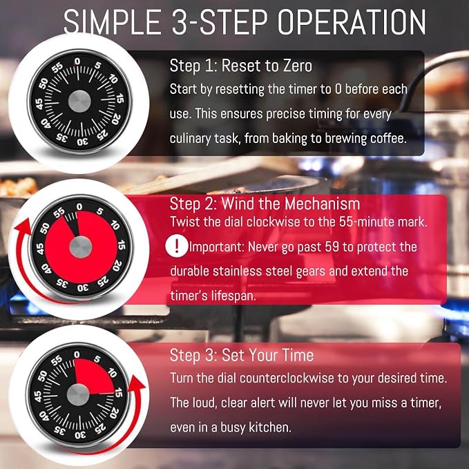 Mechanical Kitchen Timer, 60 Minute Wind Up Magnetic Visual Cooking Timer with Loud Alarm, Stainless Steel No Batteries Countdown Timer for Classroom, Office, Teacher (White Timer with Bracket)