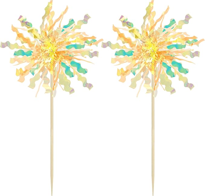 Gyufise 20Pcs Foil Firework Cupcake Toppers Happy Birthday Cake Toppers Tinsel Flower Drink Stirrers Cocktail Food Fruit Toothpicks for Valentine's Day Party Birthday Wedding Supplies Yellow