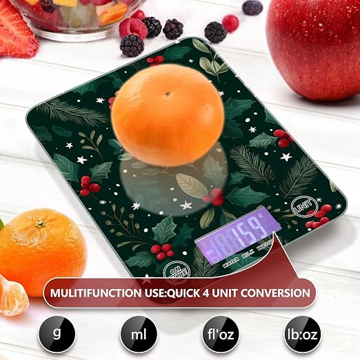 Food Scale Kitchen Scale Food Weight Scales Digital Weight Grams and Ounces Small Electronic Food Scale for Baking Cooking Holly Berries Pine Needles Stars Dark Green