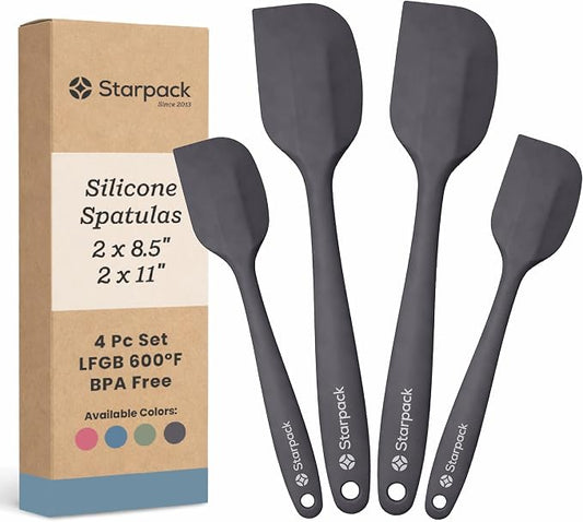 Starpack 'Scrape and Stir' Silicone Rubber Spatula Set (4-Piece) - LFGB Non Toxic, 600°F Heat Resistant, BPA-Free, One-Piece Kitchen Baking Spatulas - Dishwasher Safe for Nonstick Cookware Gray Black