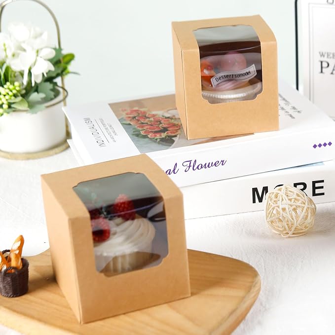 NPLUX 25 Pcs Cupcake Boxes Individual Cupcake Containers Pre-Assembled Single Cupcake Boxes 3.5"x3.5"x3.5" with 25 Pcs Inserts for Cupcakes Muffins Party Favors(Brown)