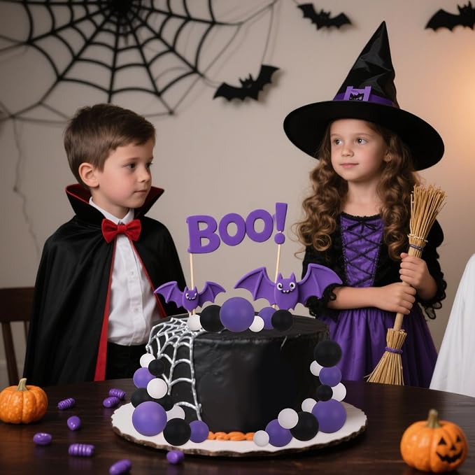 BEISHIDA 40 pcs Foam Ball Halloween Cake Toppers with Sticks Perfect for Graduation Halloween Cake Decor Birthday Graduation Congrats 2026 Cake Decoration Wednesday Theme Party(Black, White, Purple)