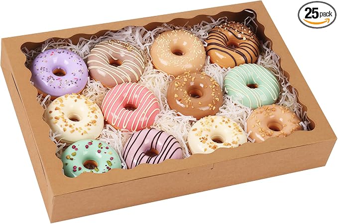 TOMNK 25pcs 16x11x2.5 Inch Cookie Boxes, Donut Boxes with Window for Bakery, Treats, Desserts, Chocolate Covered Strawberries, Pies, Muffins (Brown)
