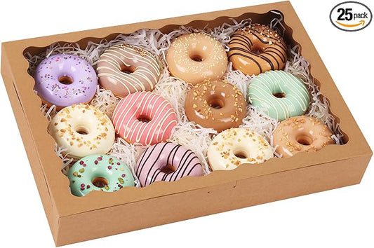 TOMNK 25pcs 16x11x2.5 Inch Cookie Boxes, Donut Boxes with Window for Bakery, Treats, Desserts, Chocolate Covered Strawberries, Pies, Muffins (Brown)