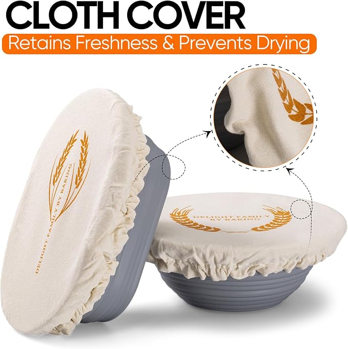 Silicone Banneton Bread Proofing Baskets,10" Oval & 9" Round Foldable Silicone Sourdough Proofing Basket with Bread Cover, Dishwasher Safe, Proofing Bowls for Sourdough Bread With Recipe Book