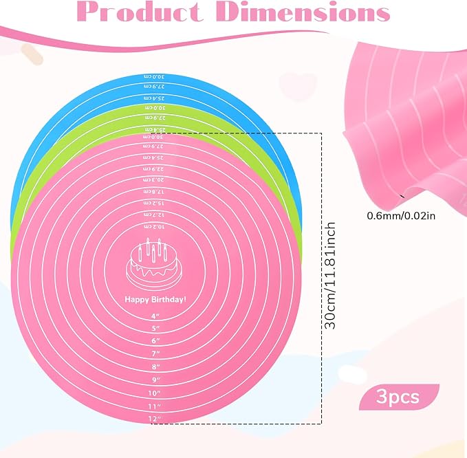 TIESOME 3 Pcs Round Silicone Baking Mat, 12 Inch (30cm) Silicone Rolling Mat With Measurements, Reusable Non-Stick Heat Resistant Baking Sheet for Dough, Fondant, Cookie & Pizza (Blue Pink Green)