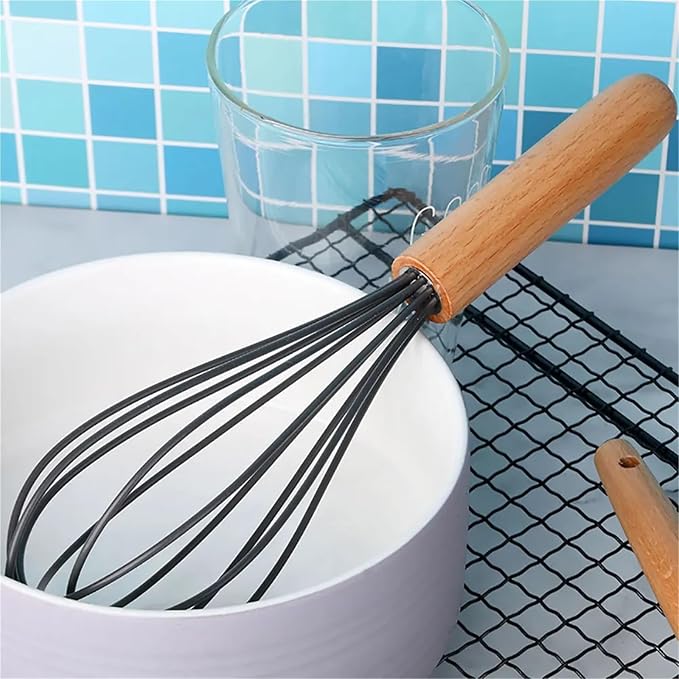 Silicone Egg Beater Manual Coil Whisk with Wooden Handle Cream Mixer Kitchen Baking Tool(Pink)