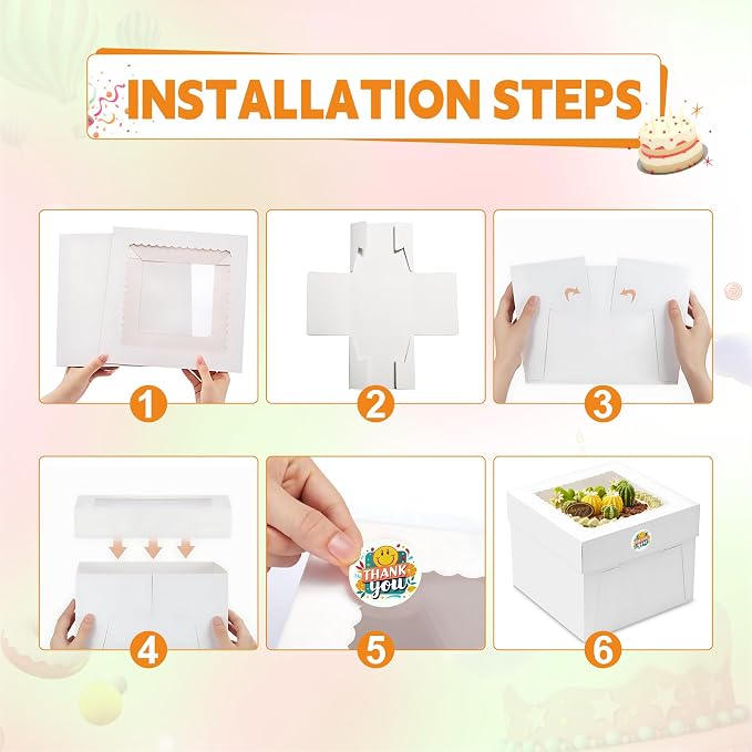 15pcs Cake Boxes, 10x10x8 Inch Cake Box With Viewing Window and Cake Board and Stickers, Tall Cake Box, Suitable for Birthday, Party, Wedding, Banquet