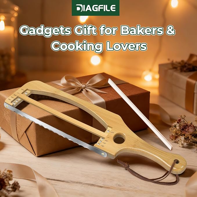 Adjustable Bread Slicer for Homemade Bread, 16.5'' Sourdough Bread Knife with Magnetic Adjustment Mechanism 5 Thickness Guides, Stainless Steel Serrated Bread Cutter for Bagels, Baguettes (Natural)