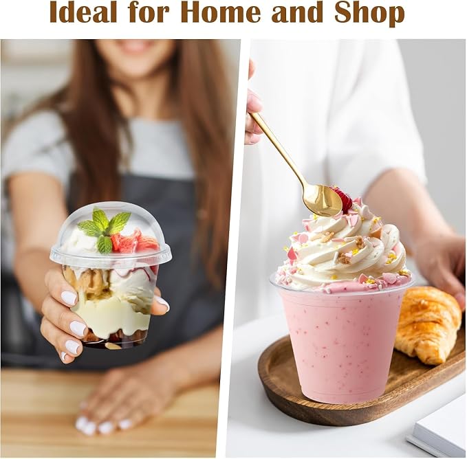 BYSNOW 100 Pack 9 oz Clear Plastic Cups with Dome Lids No Hole, Disposable Dessert Cups with Lids, Party Cups Cupcake for Ice Cream, Cold Drinks, Fruit, Parfait, Pudding