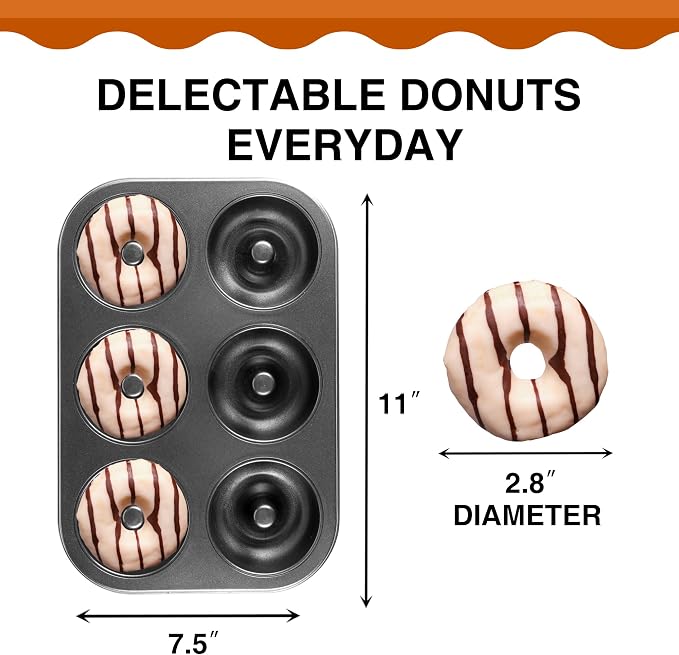 HONGBAKE Donut Pan for Baking, 2-Pack Nonstick Doughnut Pans, 6-Cavity Deep Donut Mold for Fuller Baked Cake Donuts, Heavy-Duty Carbon Steel, Oven Safe to 450°F - Black