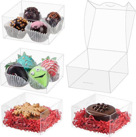 100pcs 4x4x2 Inch Clear Plastic Pastry Gift Boxes for Cookies, Chocolate Covered Strawberries, Truffles, Brownies & More