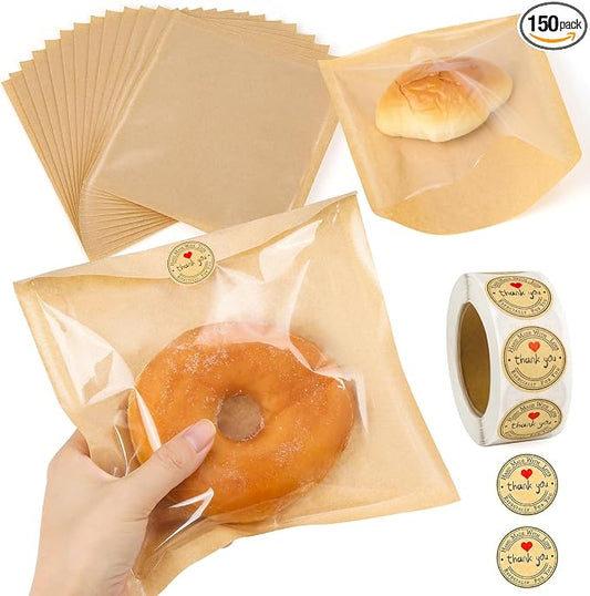 150 Pack Bakery Bags with Window, 7.5 x 7.1 Inches, Sublaga Paper Sandwich Bags, Donut Bags To Go, Bakery Paper Bags for Treat, Snack, Cookie Waffle Cake Packaging