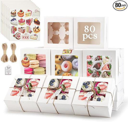 OAMCEG 80 Pack Cupcake Boxes with Window, 6x6x3 Inches Cookie Boxes, Bakery Treat Boxes for Pastry, Desserts, Chocolate Strawberries, Cupcake Containers, Gift Giving with Stickers & Twine （White）