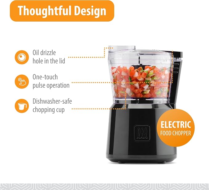 Toastmaster Chopper with 2-Speed Control by Select Brands - Mini Electric Food Chopper for Salsa, Dips & More - Electric - with Dishwasher-Safe Chopping Cup & Safety Lid - 3 Cups