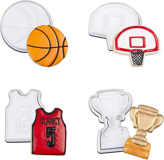 Mostop Basketball Cookie Cutter Set, 4 Pieces Sports Cookie Cutter with Stampers, Basketball, Hoop, Jersey, Trophy Cup, Cake Decoration Tools Birthday Party Supplies Favors