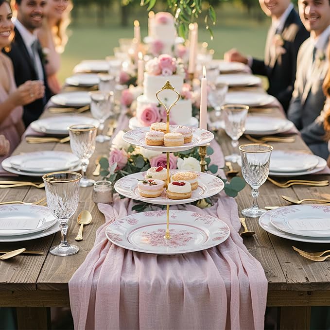 Lallisa Pink Floral 3 Tier Dessert Stand 10", 9" and 7" Ceramic Vintage Chinoiserie Tea Party Tiered Tray Cupcake Stand Display Holder Tower for Wedding Baby Shower Bridal Shower Tea Party