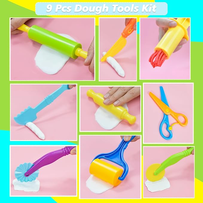 Dough Tool Set, 9 Pcs Basic Dough Tools Kits for Kids, Dough Accessories Includes Cutters Roller, Rolling Pins, Safety Scissors, Plastic Knife