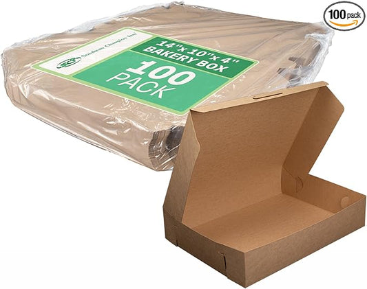SCT Kraft Bakery Box (100 Pack), 14x10x4, Kraft Bakery Box for Wedding and Birthday Cakes, 14 inch Cake Box, Bakery Pastry and Cake Packaging, Disposable, 1025K