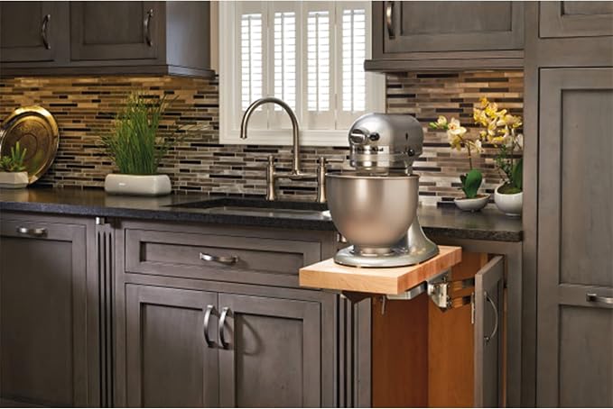 Rev-A-Shelf Heavy-Duty Stand Mixer Lift for Kitchen Base Cabinets, Zinc - Spring-Loaded Lifting System for Small Countertop Appliance Storage, Min Opening Width of 12", RAS-ML-HDCR
