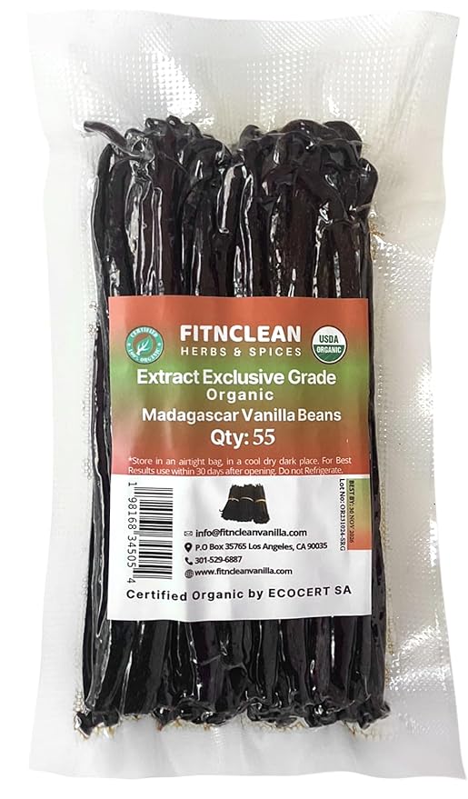 55 Organic Madagascar Vanilla Extract Exclusive Grade B Beans| 4" - 5" by FITNCLEAN VANILLA| Certified USDA Organic. Bulk Dry Whole Bourbon NON-GMO Pods