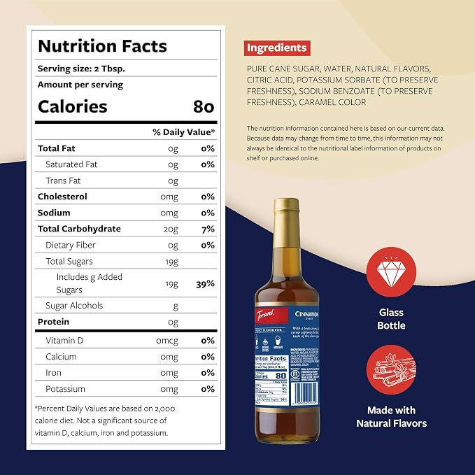 Torani Coffee Syrup, Cinnamon Flavored Syrup for Drinks, Glass Bottle 4-Pack, Pumps Included, 25.4 Fl Oz
