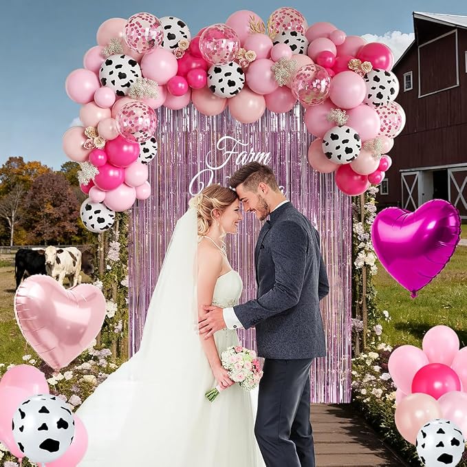 157Pcs Pink Cow Print Balloons Garland Arch Kit with Pink Fringe Curtain for Cowgirl Baby Shower First Rodeo Farm Wedding Birthday Party Decorations