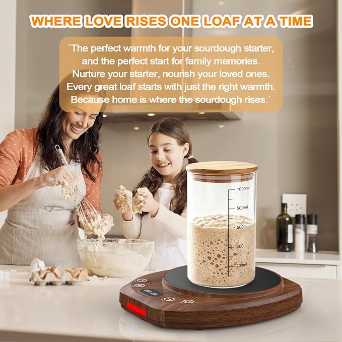 Sourdough Starter Warmer Mat,65-110°F 1°F Precision, 24H Timer & Memory, Electric Heating Mat for 24-40oz Jars, Home Baking（Wood grain）