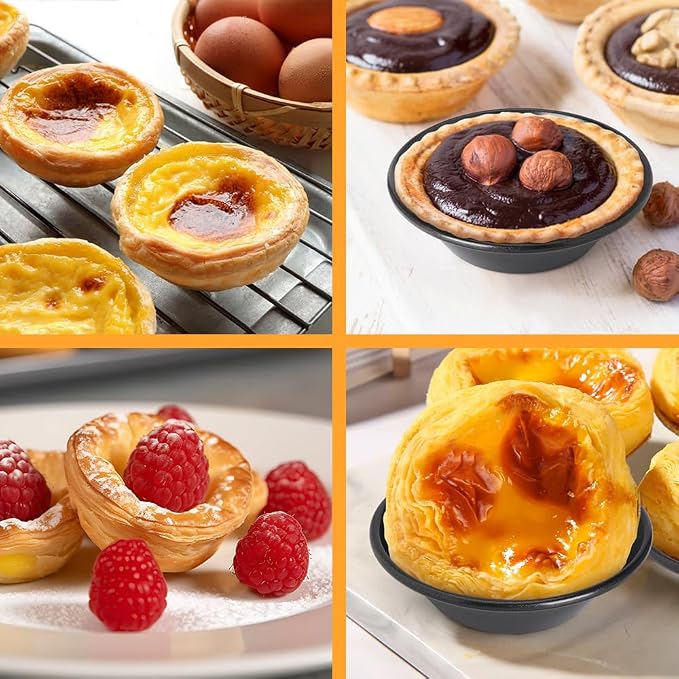 8 Pack Egg Tart Molds, Non-Stick Tartlets Dessert Mold Pans, Mini Tiny Pie Carbon Steel Muffin Tins, Cupcake Pans w/Oil & Dish Brushes for Cakes, Cookies, Quiche