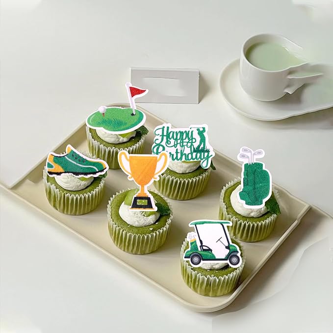 56 PCS Edible Golf Cupcake Toppers Wafer Paper Trophy Lawn Golf Shoes Bag Ball Carts Cupcake Picks Edible Golf Cake Decorations for Golf Sports Player Theme Baby Shower Kids Birthday Party Supplies