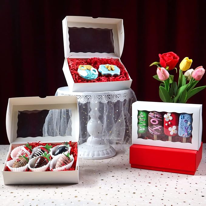 50 PCS 8x5x2 Inch Bakery Boxes with Window for Chocolate Covered Strawberries, Cookies, Cakesickle, Browines, Donut &More