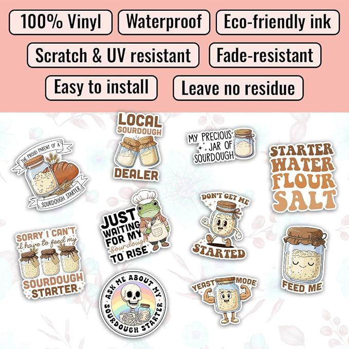 TODOLIA (10Pcs-3in) Sourdough Starter Sticker Pack, Funny Sourdough Bread Baker Sticker, Baking Lover Baker Gift, Bakery Decoration for Jar Water Bottle Laptop Helmet Farm Stand Vehicles