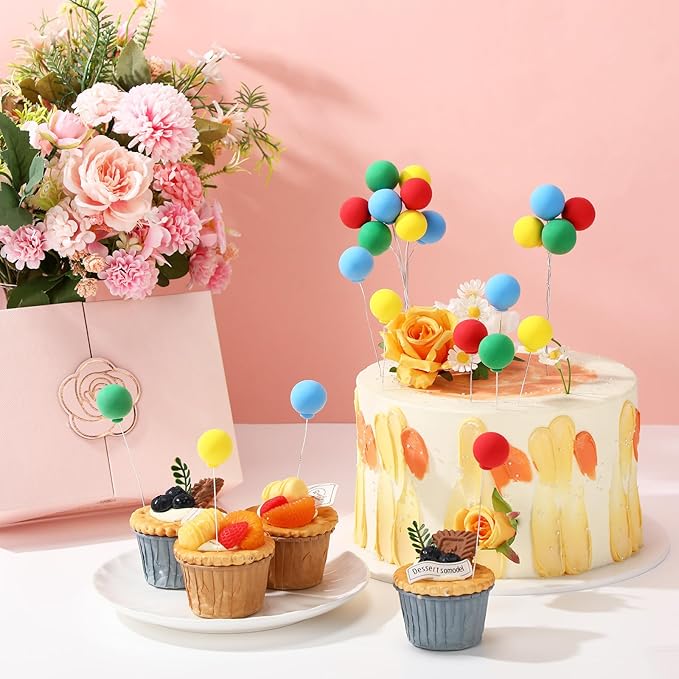 Sieral 40 Pcs Mini Balloon Cake Toppers Colorful Rainbow Topper Round Clay Balls Cupcake Toppers for Birthday Baby Shower Wedding Party Decorations(Classic Color,Clay)