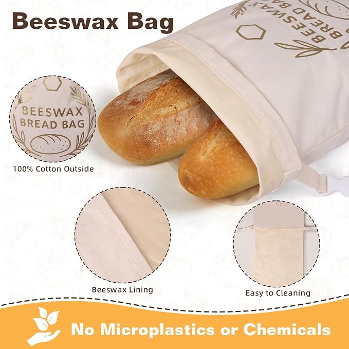 2 Pack Beeswax Bread Bags for Sourdough Homemade Bread, XL Reusable Bread Storage Bag, Organic Waxed Line and Linen Fabric Bread Bag for Home Bakers, Picnics Work or Gift-Giving