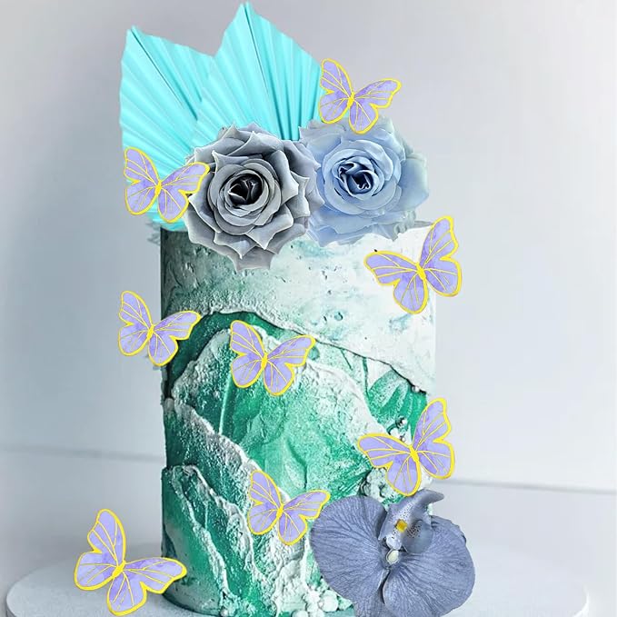 27 PCS Flower Cake Decorations Blue Cake Decorations Boho Butterfly Cake Toppers with Rose Artifical Flowers Palm Leaves Balls Happy Birthday Cake Topper for Birthday Party Wedding Baby Shower