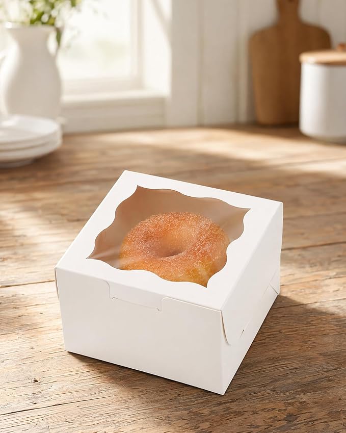 Bakepacker 400pcs White Bakery Boxes with Window 4"x 4"x 2.5" Thick & Cookie Boxes & Sturdy Macaroon Pastry
