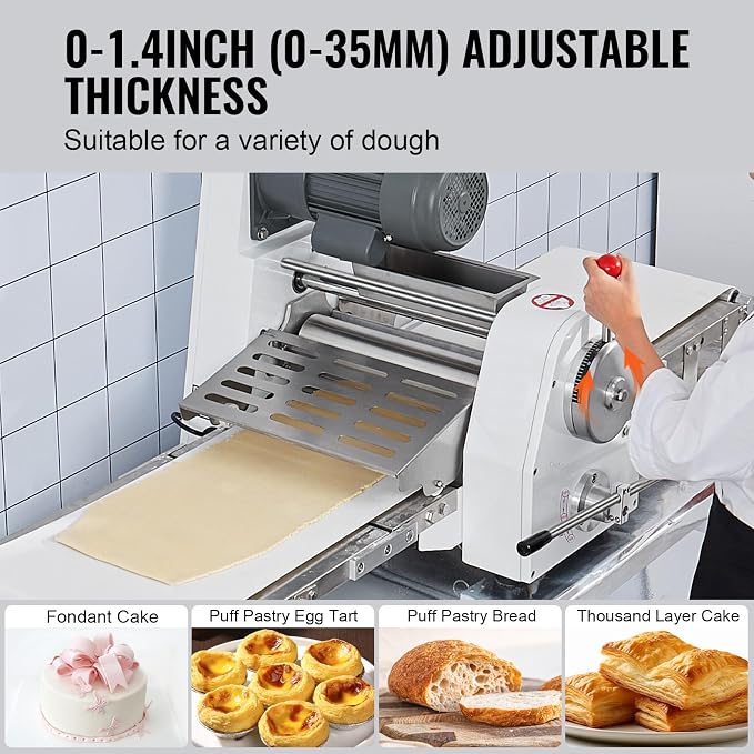 VEVOR Commercial Dough Sheeter Machine, 15.7-Inch Reversible Puff Pastry Sheeter and Fondant Roller, Electric Dough Roller 0-1.4" Adjustable Thickness, Folding Dough Sheeter for Bakeries, Pastries