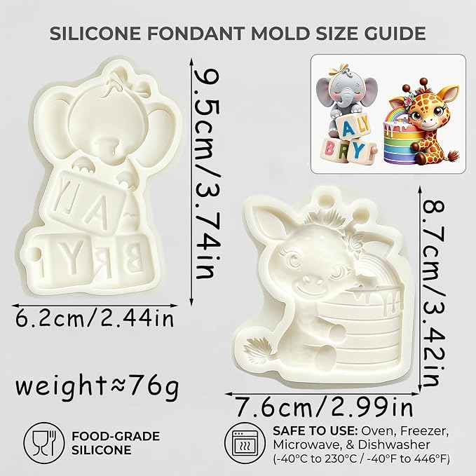 2Pcs 3D Elephant Giraffe Silicone Molds, Jungle Animal Cake Decorating Fondant Molds for Cake Decorating, Gum Paste, Birthday, Chocolate, Candy, Resin, Flexible Paste Pastry Baking Tool