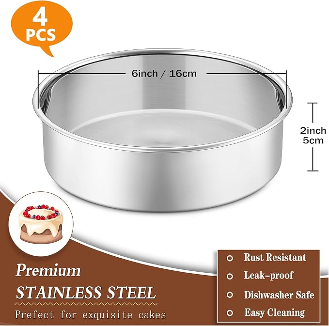 P&P CHEF 6 Inch Cake Pan Set of 4, Stainless Steel Baking Round Cake Pans Tins Bakeware for Birthday Wedding, Leak-proof & Easy Clean, Mirror Finish & Easy Releasing